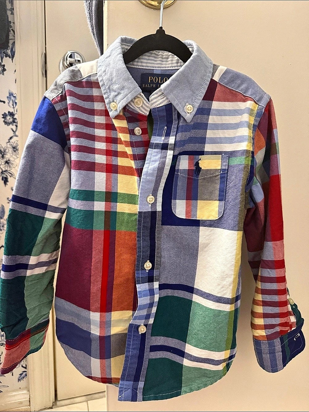 Polo Ralph Lauren Patchwork Plaid Oxford Shirt Blue & Multicolor 3T